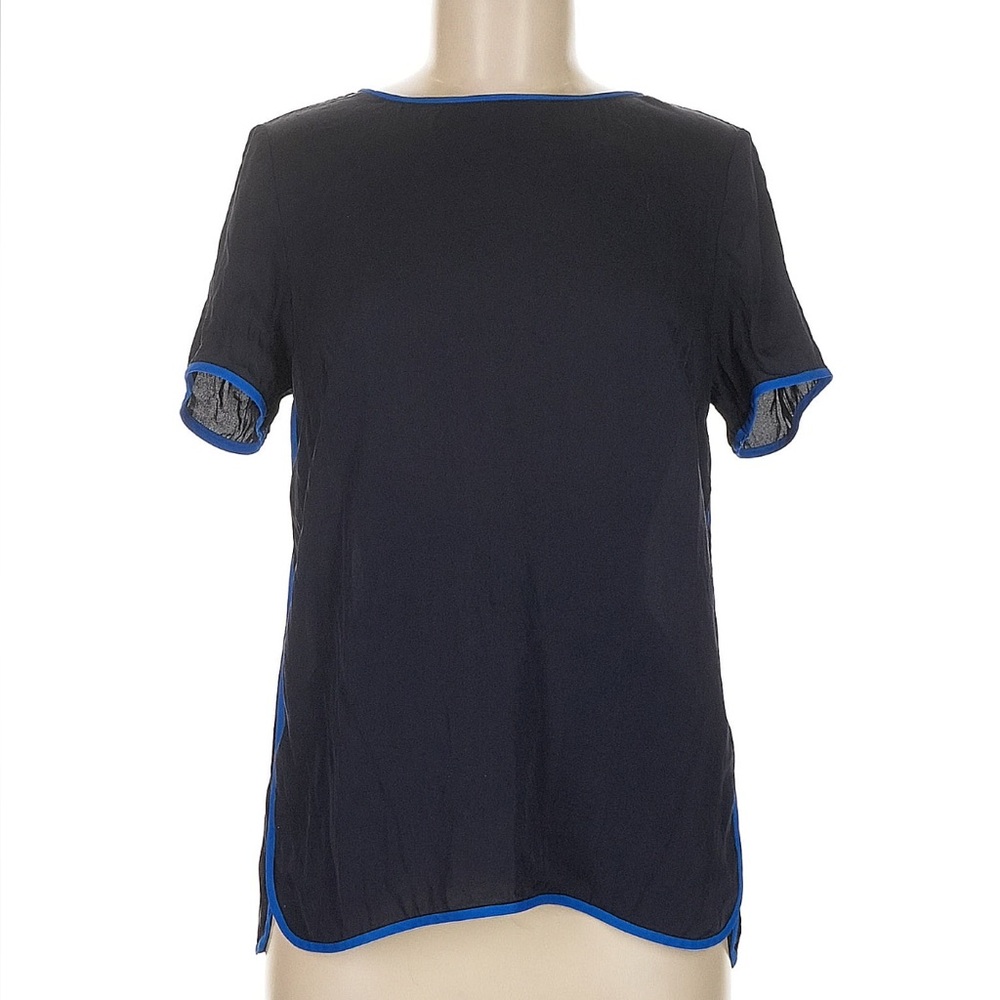 J. Crew Navy Silk Short Sleeve Blouse with Blue Accents